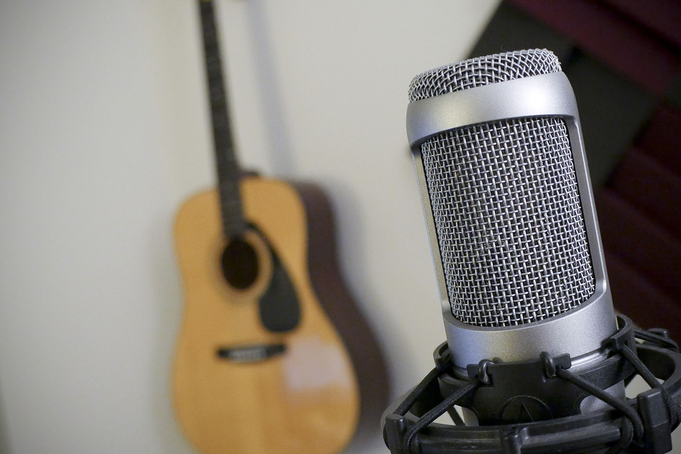 Microphone on mic stand and guitar. Shallow depth of field